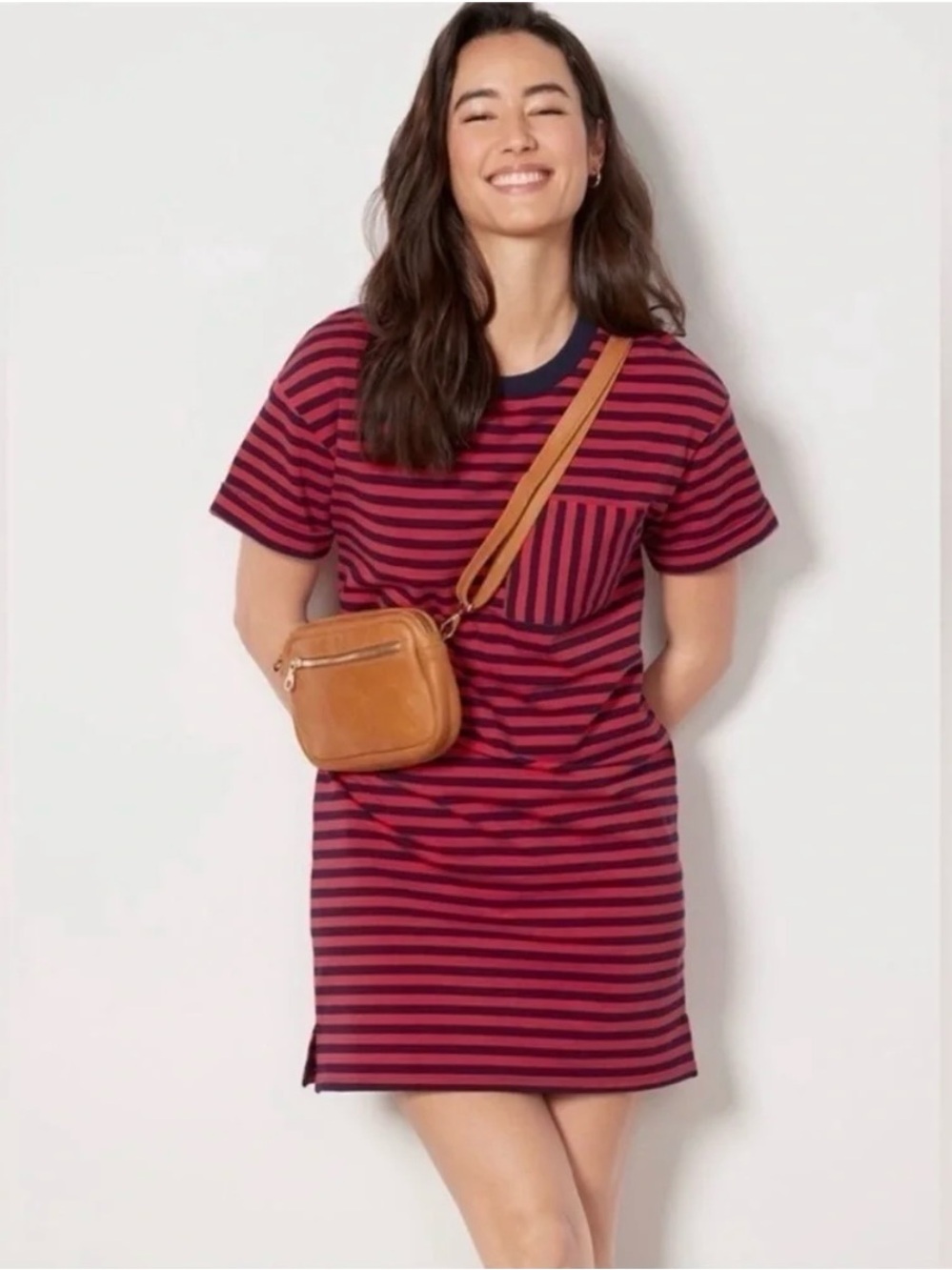 Evereve Braxton Striped Pocket T-Shirt Dress size‎ small in Red and Navy